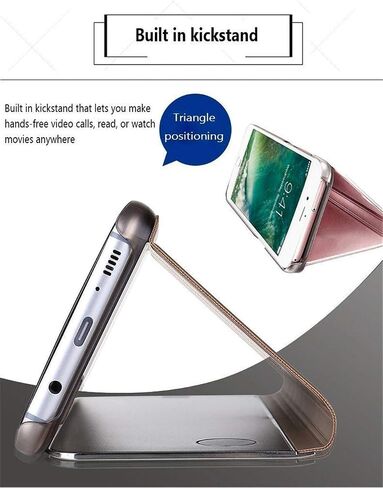 حافظة آيفون 12 برو ماكس بمرآة - غطاء قلاب نحيف وشفاف مع مسند، لون ذهبي in Kuwait