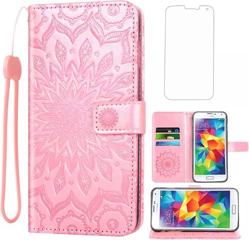 Phone Case for Samsung Galaxy S5 Wallet Cases with Tempered Glass Screen Protector Leather Slim Flip Cover Card Holder Stand Cell Glaxay S 5 Neo Gaxaly 5S Galaxies GS5 G900A G900T Women Rose Gold in Saudi Arabia