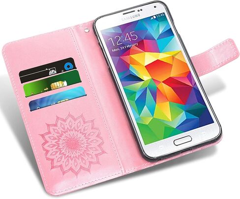 Phone Case for Samsung Galaxy S5 Wallet Cases with Tempered Glass Screen Protector Leather Slim Flip Cover Card Holder Stand Cell Glaxay S 5 Neo Gaxaly 5S Galaxies GS5 G900A G900T Women Rose Gold in Saudi Arabia