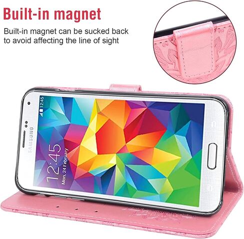 Phone Case for Samsung Galaxy S5 Wallet Cases with Tempered Glass Screen Protector Leather Slim Flip Cover Card Holder Stand Cell Glaxay S 5 Neo Gaxaly 5S Galaxies GS5 G900A G900T Women Rose Gold in Saudi Arabia