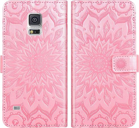 Phone Case for Samsung Galaxy S5 Wallet Cases with Tempered Glass Screen Protector Leather Slim Flip Cover Card Holder Stand Cell Glaxay S 5 Neo Gaxaly 5S Galaxies GS5 G900A G900T Women Rose Gold in Saudi Arabia