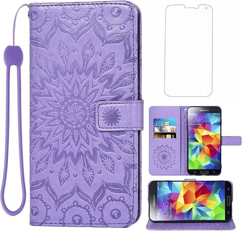Phone Case for Samsung Galaxy S5 Wallet Cases with Tempered Glass Screen Protector Leather Slim Flip Cover Card Holder Stand Cell Glaxay S 5 Neo Gaxaly 5S Galaxies GS5 G900A G900T Women Rose Gold in Saudi Arabia