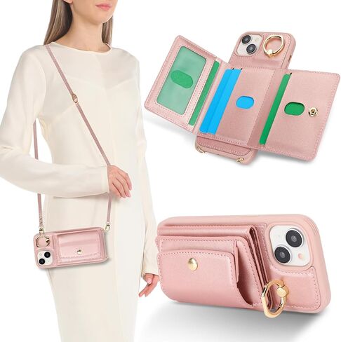 for iPhone 15 Plus Case with Card Holder for Women, for iPhone 15 Plus Phone Case Wallet with Strap Credit Card Slots Crossbody with Kickstand Zipper Case for iPhone15Plus-Rose Gold in Kuwait