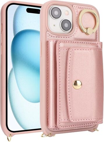 for iPhone 15 Plus Case with Card Holder for Women, for iPhone 15 Plus Phone Case Wallet with Strap Credit Card Slots Crossbody with Kickstand Zipper Case for iPhone15Plus-Rose Gold in Kuwait