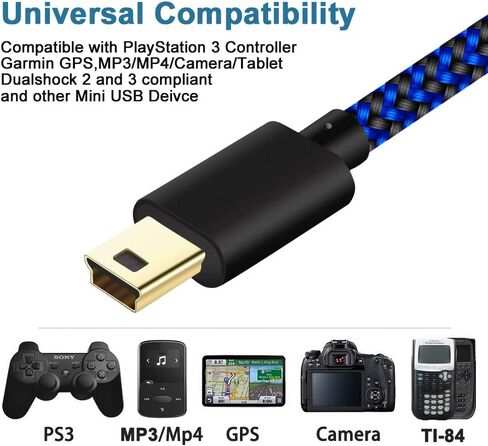 كابل SCOVEE Mini USB مضفر بطول 6 أقدام من النوع A ذكر إلى Mini B سلك شحن بيانات لـ GoPro Hero 3+، سلك وحدة تحكم Sony PS3، مشغلات MP3، Garmin، Dash Cam، PDA، شاحن كاميرا Canon PowerShot Rebel ELPH in Kuwait