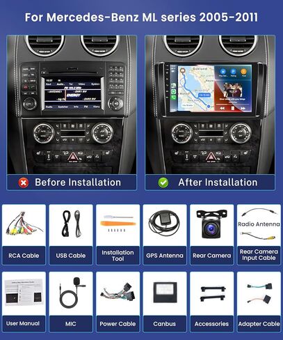 2G 64G راديو ستيريو للسيارة يعمل بنظام أندرويد Carplay Android auto لسيارة Mercedes Benz ML350 ML500 GL450 W164 X164 ML280 GL320 GL350 2005-2011، Rimoody شاشة لمس 9 بوصات GPS BT/FM/RDS WiFi + كاميرا احتياطية AHD in Saudi Arabia