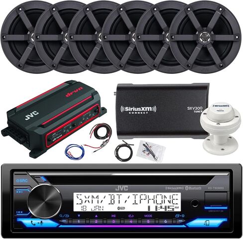 JVC Single DIN in-Dash Marine Bluetooth USB/AUX CD Stereo Receiver, 6X 6.5 100 Watt Peak Power Black Speakers, 600 Watt 4-Channel Amplifier w/Wiring Kit, Satellite Tuner with Antenna in Saudi Arabia