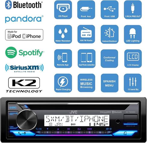 JVC Single DIN in-Dash Marine Bluetooth USB/AUX CD Stereo Receiver, 6X 6.5 100 Watt Peak Power Black Speakers, 600 Watt 4-Channel Amplifier w/Wiring Kit, Satellite Tuner with Antenna in Saudi Arabia