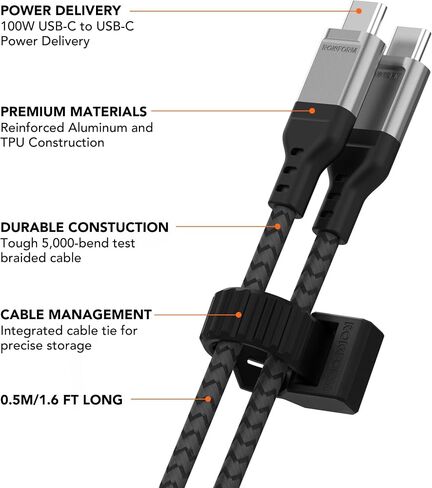 Rokform - PowerTrip 100W USB-C Charging Cable, 0.5m (1.6 ft), Fast Charging Braided Cable, 5,000 Bend Tested, for iPhone 15s, Galaxy S23s, or Any USB C compatible device (Black and Grey) in Kuwait