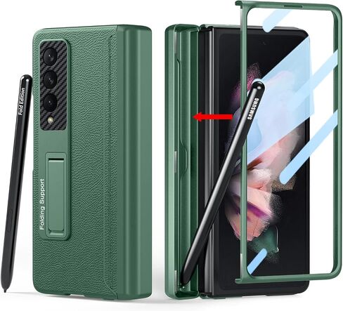[Updated Version] Compatible with Samsung Galaxy Z Fold 3 Case [Built in Hidden S Pen Holder to Avoid Pen Lost][Leather on Back][Screen Protector][Hinge Protection] Cover 5G 2021-Silver in Kuwait