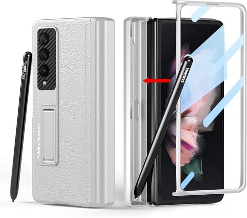 [Updated Version] Compatible with Samsung Galaxy Z Fold 3 Case [Built in Hidden S Pen Holder to Avoid Pen Lost][Leather on Back][Screen Protector][Hinge Protection] Cover 5G 2021-Silver in Kuwait