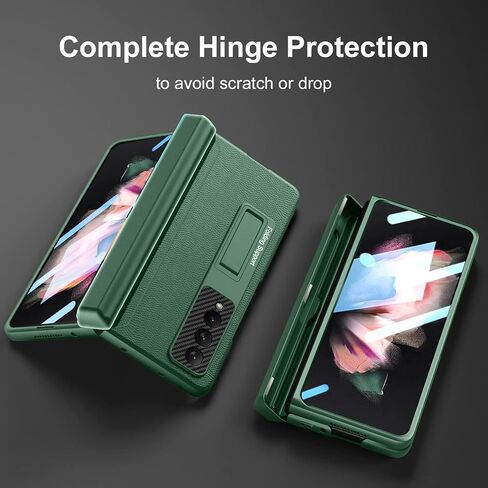 [Updated Version] Compatible with Samsung Galaxy Z Fold 3 Case [Built in Hidden S Pen Holder to Avoid Pen Lost][Leather on Back][Screen Protector][Hinge Protection] Cover 5G 2021-Silver in Kuwait