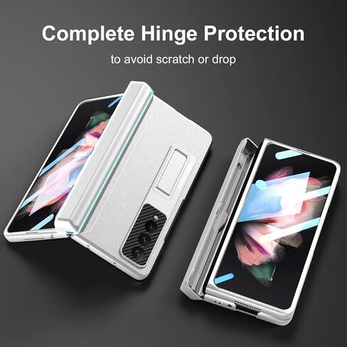 [Updated Version] Compatible with Samsung Galaxy Z Fold 3 Case [Built in Hidden S Pen Holder to Avoid Pen Lost][Leather on Back][Screen Protector][Hinge Protection] Cover 5G 2021-Silver in Kuwait