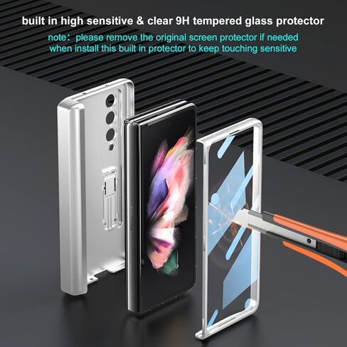 [Updated Version] Compatible with Samsung Galaxy Z Fold 3 Case [Built in Hidden S Pen Holder to Avoid Pen Lost][Leather on Back][Screen Protector][Hinge Protection] Cover 5G 2021-Silver in Kuwait