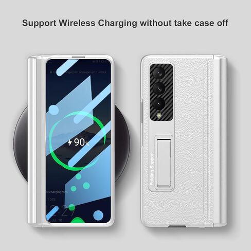[Updated Version] Compatible with Samsung Galaxy Z Fold 3 Case [Built in Hidden S Pen Holder to Avoid Pen Lost][Leather on Back][Screen Protector][Hinge Protection] Cover 5G 2021-Silver in Kuwait
