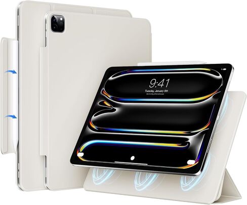 New Magnetic Case for iPad Pro 11-Inch M4 2024, Slim Trifold Stand Case Supports Pencil Pro and Pencil (USB-C), Auto Wake/Sleep, Non-Slip and Scratch-Resistant PU Leather, White Cream in Saudi Arabia