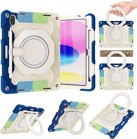 حافظة لجهاز iPad الجيل العاشر مقاس 10.9 بوصة 2022، مع حامل دوار 360 درجة وواقي شاشة مدمج وحزام كتف وحامل قلم لجهاز iPad الجيل العاشر، أزرق قوس قزح in Saudi Arabia