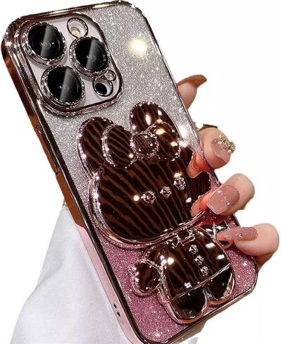 for iPhone 15 Plus Case Cute Rabbit Mirror Stand,15 Plus Phone Case Bling Glitter Girly Soft TPU Bumper,Plating Sparkle Gradient Case for iPhone 15 Plus for Women Girls Pink in Kuwait