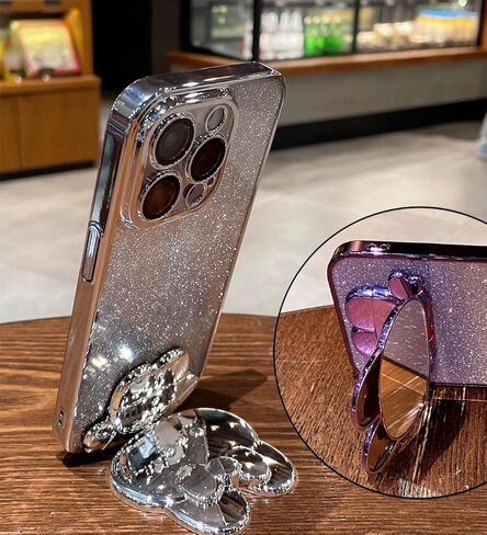 for iPhone 15 Plus Case Cute Rabbit Mirror Stand,15 Plus Phone Case Bling Glitter Girly Soft TPU Bumper,Plating Sparkle Gradient Case for iPhone 15 Plus for Women Girls Pink in Kuwait