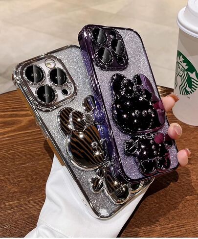 for iPhone 15 Plus Case Cute Rabbit Mirror Stand,15 Plus Phone Case Bling Glitter Girly Soft TPU Bumper,Plating Sparkle Gradient Case for iPhone 15 Plus for Women Girls Pink in Kuwait