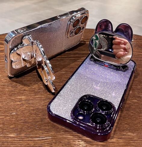 for iPhone 15 Plus Case Cute Rabbit Mirror Stand,15 Plus Phone Case Bling Glitter Girly Soft TPU Bumper,Plating Sparkle Gradient Case for iPhone 15 Plus for Women Girls Pink in Kuwait