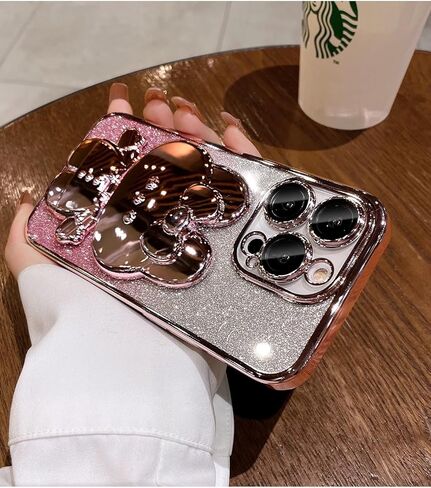 for iPhone 15 Plus Case Cute Rabbit Mirror Stand,15 Plus Phone Case Bling Glitter Girly Soft TPU Bumper,Plating Sparkle Gradient Case for iPhone 15 Plus for Women Girls Pink in Kuwait
