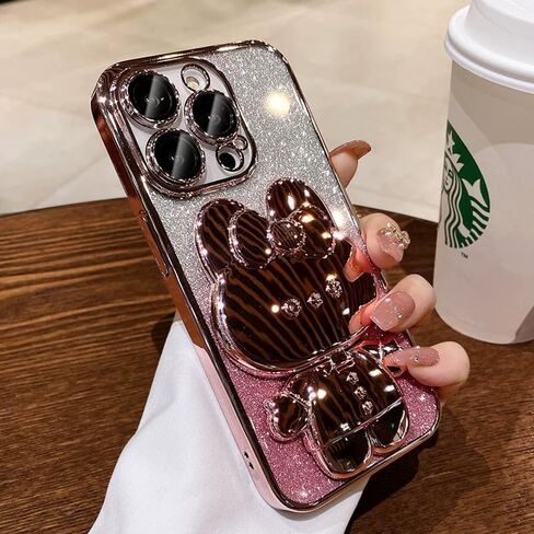 for iPhone 15 Plus Case Cute Rabbit Mirror Stand,15 Plus Phone Case Bling Glitter Girly Soft TPU Bumper,Plating Sparkle Gradient Case for iPhone 15 Plus for Women Girls Pink in Kuwait