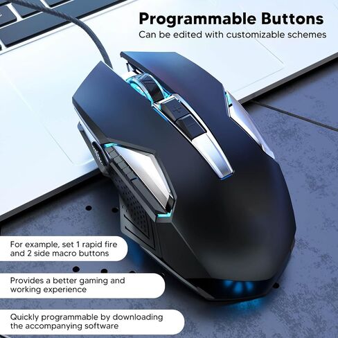 RGB Gaming Mouse, Backlit USB Wired Game Mouse Programmable Buttons/RGB Light, 7200 DPI, Support DIY Rapid Fire, for Windows PC and Laptop Gaming (Black) in Saudi Arabia