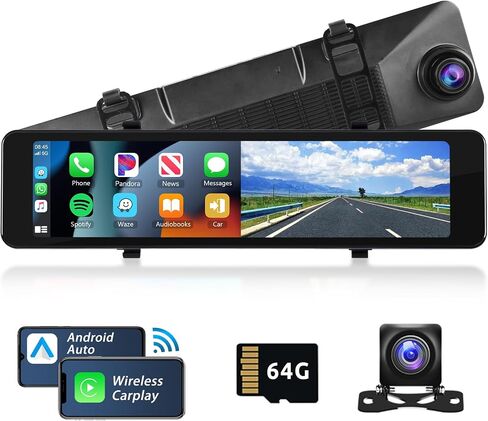كاميرا احتياطية بمرآة تعمل باللمس مقاس 11.26 بوصة عالية الدقة مع نظام CarPlay Android Auto اللاسلكي ونظام تحديد المواقع العالمي للملاحة وكاميرات مزدوجة للرؤية الأمامية والخلفية والتحكم الصوتي وبلوتوث ومدخل AUX ومساعدة ركن السيارة + بطاقة سعة 64 جيجابايت in Saudi Arabia