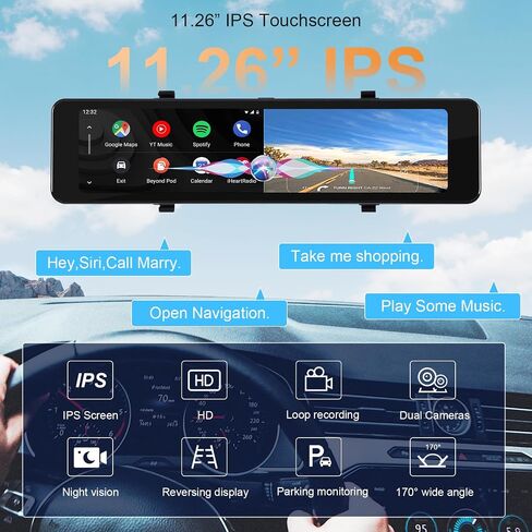 كاميرا احتياطية بمرآة تعمل باللمس مقاس 11.26 بوصة عالية الدقة مع نظام CarPlay Android Auto اللاسلكي ونظام تحديد المواقع العالمي للملاحة وكاميرات مزدوجة للرؤية الأمامية والخلفية والتحكم الصوتي وبلوتوث ومدخل AUX ومساعدة ركن السيارة + بطاقة سعة 64 جيجابايت in Saudi Arabia