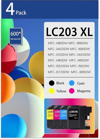 خراطيش حبر LC203 lc203xl لخراطيش حبر Brother lc203 بديلة لخراطيش حبر Brother lc203 lc203xl lc201 lc201cl lc203bk تعمل مع MFC-J480DW MFC-J880DW MFC-J4420DW MFC-J680DW (4 عبوات) in Saudi Arabia