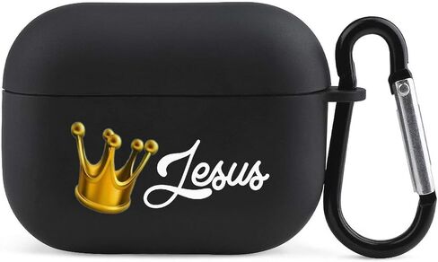 Jesus Crown Case Black TPU Full Protective Cover Compatible with Airpods Pro Earphones Skin with Carabiner in Saudi Arabia