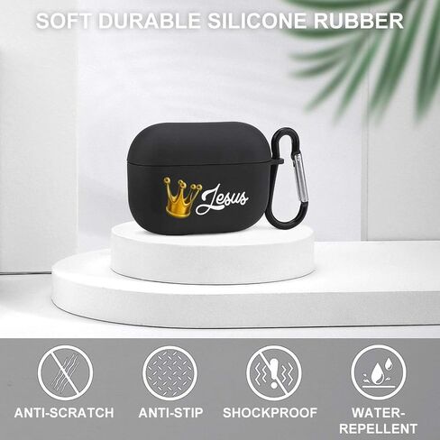 Jesus Crown Case Black TPU Full Protective Cover Compatible with Airpods Pro Earphones Skin with Carabiner in Saudi Arabia