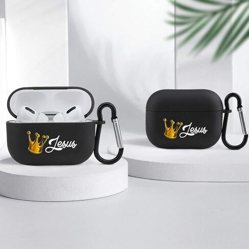 Jesus Crown Case Black TPU Full Protective Cover Compatible with Airpods Pro Earphones Skin with Carabiner in Saudi Arabia