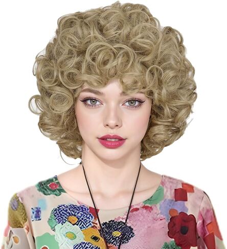 ColorGround Short Fluffy Orange Yellow Wig with Yellow Necklace for Women in Kuwait