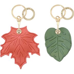 2 Pack Airtag Leather Keychain Holder, Green Leaf & Maple Leaves Key Ring Case for Apple Airtag for Women Girls