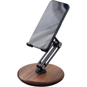 Cell Phone Stand, Fully Adjustable Foldable Desktop Phone Holder, 360 Degree Rotation, Compatible with iPhone 16 15 14 13 12 11 Pro Xs Xs/Samsung Galaxy/Tablets/All Phones, Walnut Wood