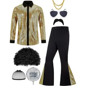 Men 70s Disco Outfit 7 PCS Adult Halloween Costume Include Retro Shirt Bell Bottom Pants Wig Sunglasses Necklace