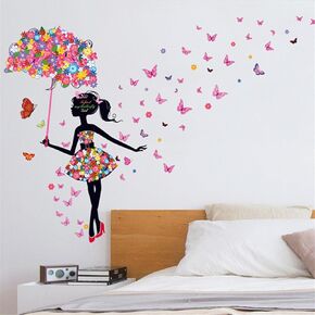 Flower Fairy Wall Decal Colorful Cute Butterfly Girl Wall Stickers with Umbrella Wall Sticker Girl Wall Decals Peel and Stick Removable Princess Wall Art for Girls Baby Nursery Room