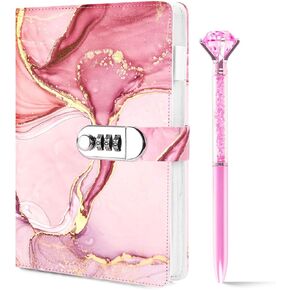 Koogel Diary with Lock, A5 PU leather Journal with Lock 120 Sheets Password Locked Travel Notebook with Crystal Diamond Pen Pink