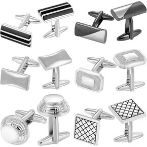 6 Pairs Cufflinks for Men Set, Classic Silver Black Gold Striped Square Rectangle Cuff Links Mens for Shirt Suit, Groomsmen Wedding Birthday Anniversary Jewelry
