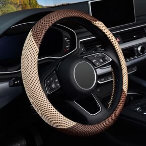 KAFEEK Steering Wheel Cover, Universal 15 inch, Microfiber Breathable Ice Silk, Anti-Slip, Odorless, Beige& Brown
