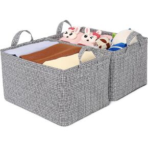 Storage Bins, Fabric Storage Baskets with Handles, Large Storage Baskets for Organizing, Closet Organizer Bin for Clothes, Toys, Books, Nursery, Home Office , Beige & White , 2-Pack