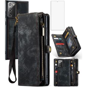 Asuwish Phone Case for Samsung Galaxy Note 20 Glaxay Note20 5G Zipper Wallet Detachable Cover with Tempered Glass Screen Protector and Flip Card Holder Cell Gaxaly Notes 20s Twenty Not S20 Women Black