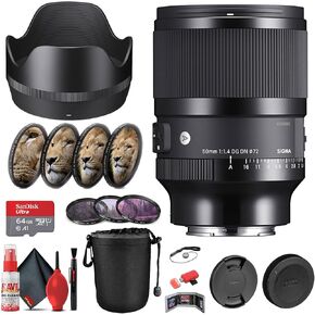 Sigma 50mm f/1.4 DG DN Art Lens for Sony E (315965) Bundle Including: 64 GB Memory Card, Card Reader, Lens Pouch, 3-Piece Filter Kit, Close-Up Filter, Lens Hood, Full Cleaning Kit, More Accessories