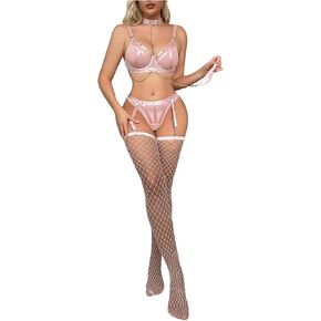 Women's Exotic Lingerie Sets Sheer Mesh Underwire Garter Lingerie with Fishnet Stocking and Choker