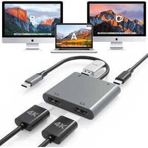 USB C to Dual HDMI Adapter, 4 in 1 USB C Hub to HDMI with 2 HDMI, Dual 4K@60Hz with 100W PD Charging, USB-A, Laptop Dual Monitor Support USB C to HDMI Splitter Extended Display for USB C Device