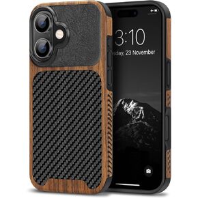 TENDLIN Compatible with iPhone 16 Phone Case Wood Grain with Carbon Fiber Texture Design Leather Hybrid Slim Case (Black)