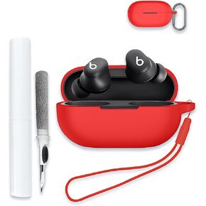 Case for Beats Solo Buds 2024, Soft Silicone Protective Portable Scratch Shock Resistant Shell with Cleaner Kit & Carabiner & Lanyard,Red