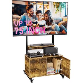 Rolling TV Stand with TV Mount,Tall TV Stand with Storage Cabinet for 32-75in Screen,Mobile TV Stand on Wheels with Foldable Table,Height Adjustable,Entertainment Center for Outdoor and Living Room